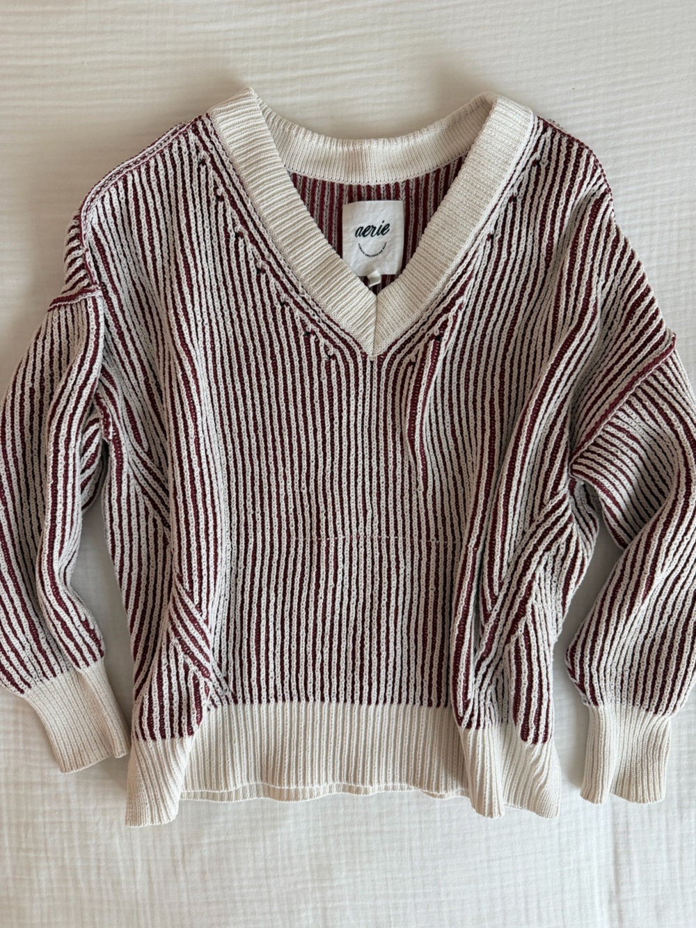 aerie Cream and Burgundy Striped V-Neck Pullover